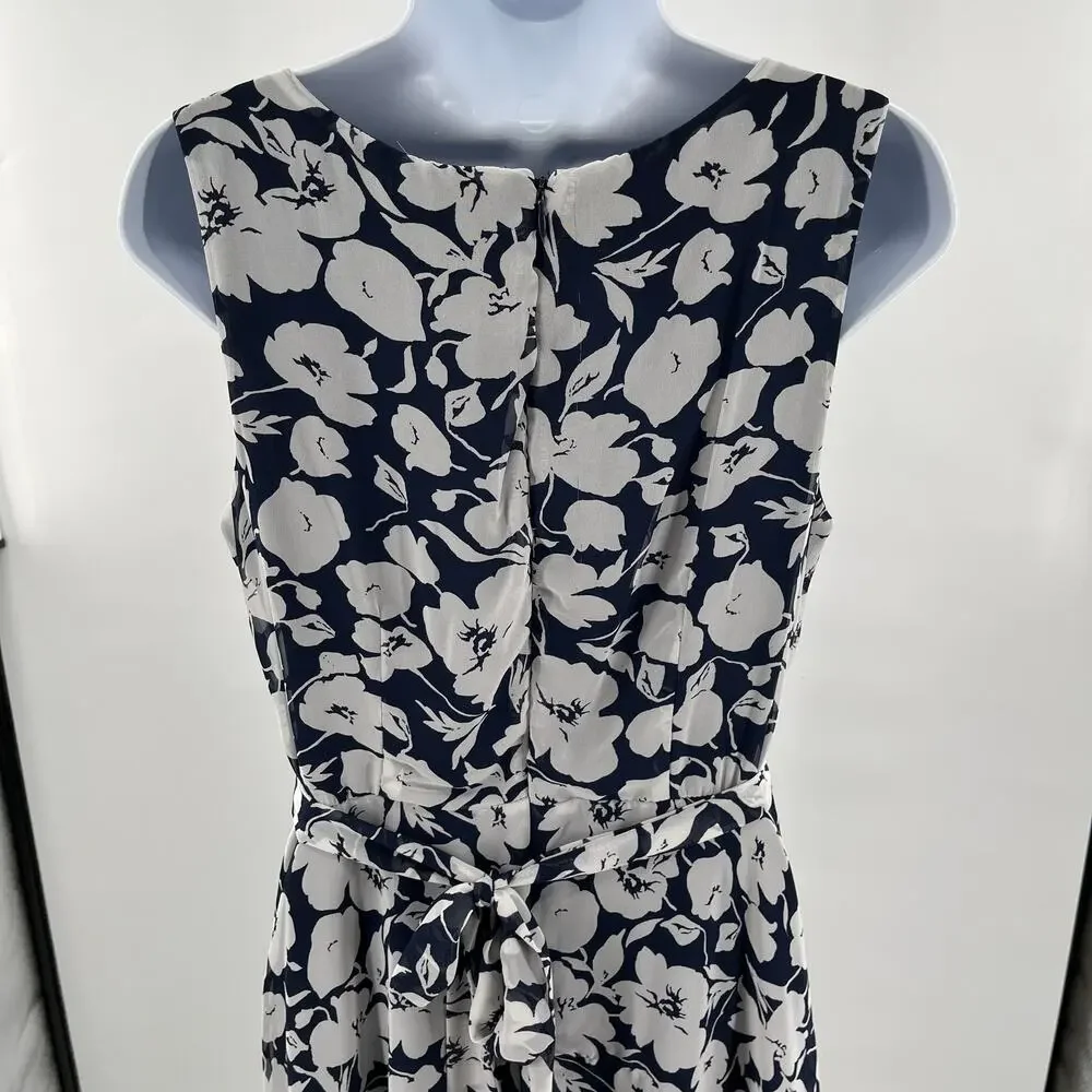 R&K Navy Blue & White Floral Cap Sleeve Fit & Flare Cottage Summer Dress 10 - Picture 4 of 9